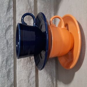 Fiesta Homer Laughlin USA, cups and saucers, orange, navy blue